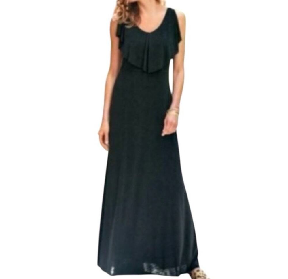 NWOT Soft Surroundings Black Knit Ruffle Bib Maxi Dress Size Medium
